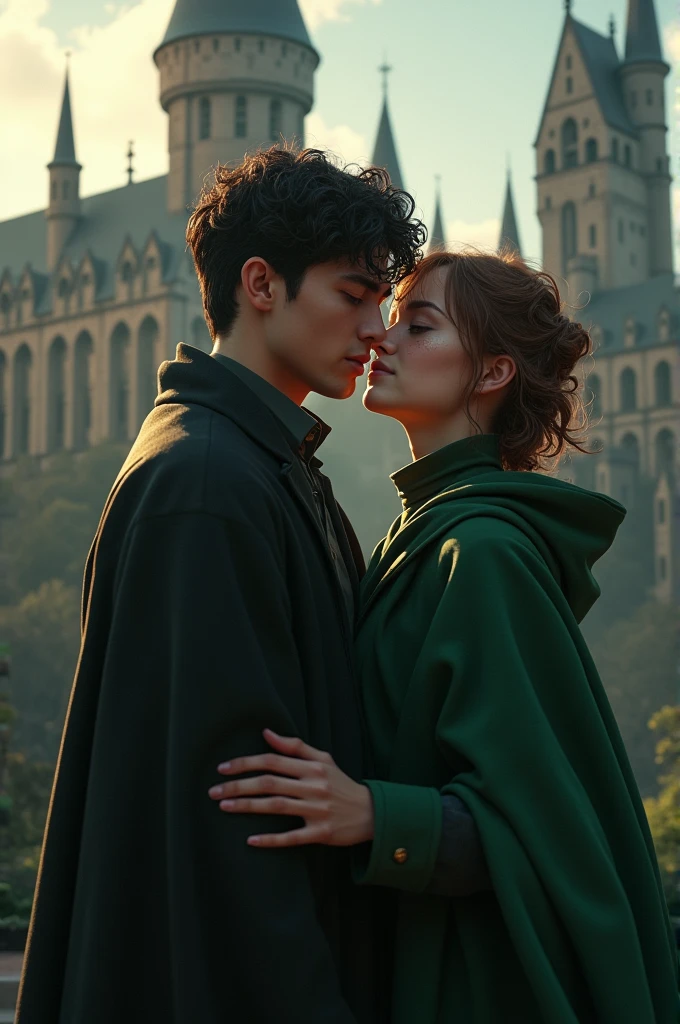 Gay couple + beautiful + Victorian era + hogwarts + Slytherin one boy with black curly hair + brown eyes + scar across left eye + tall + handsome + Korean + Irish + other boy with brown hair + brown eyes + freckles + slightly shorter + Scottish + Slytherin + in love + kiss on cheek