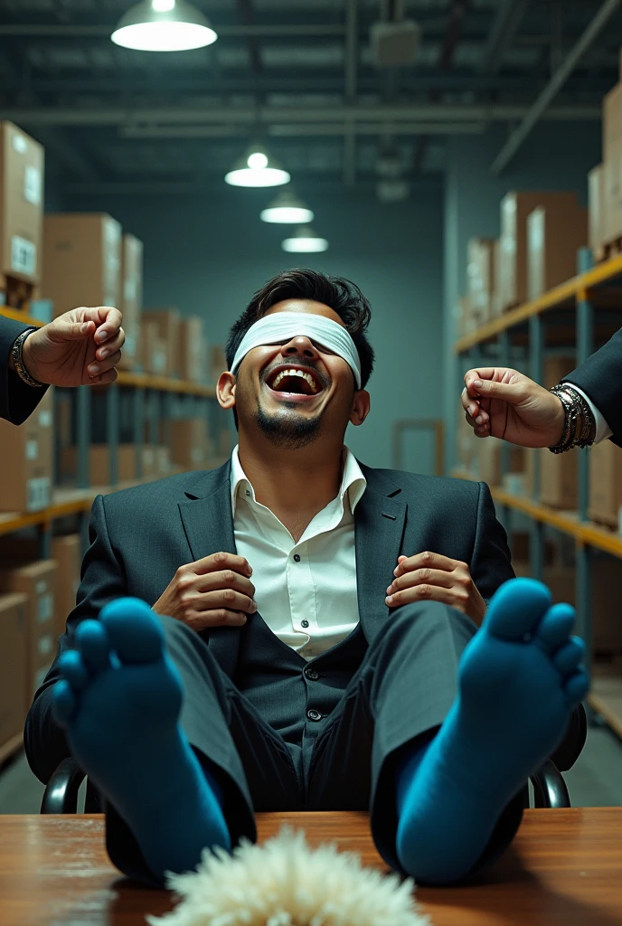 Malaysia malay handsome 25 years student
He laugh very hard
His hand tied up in warehouse
Blindfolded
Hand handcuff
Expensive outfit
Focus feet on desk
feather duster on desk
Take off shoes on desk
Blue stinky sock
2 man holding feather duster