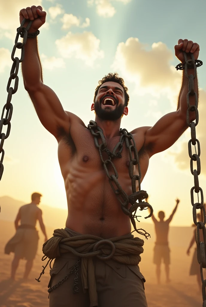 Man breaking and removing chains from his hands happily and celebrating 