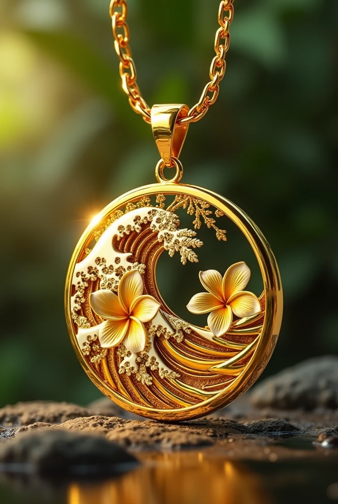 Gold pendant with wave and plumeria carving