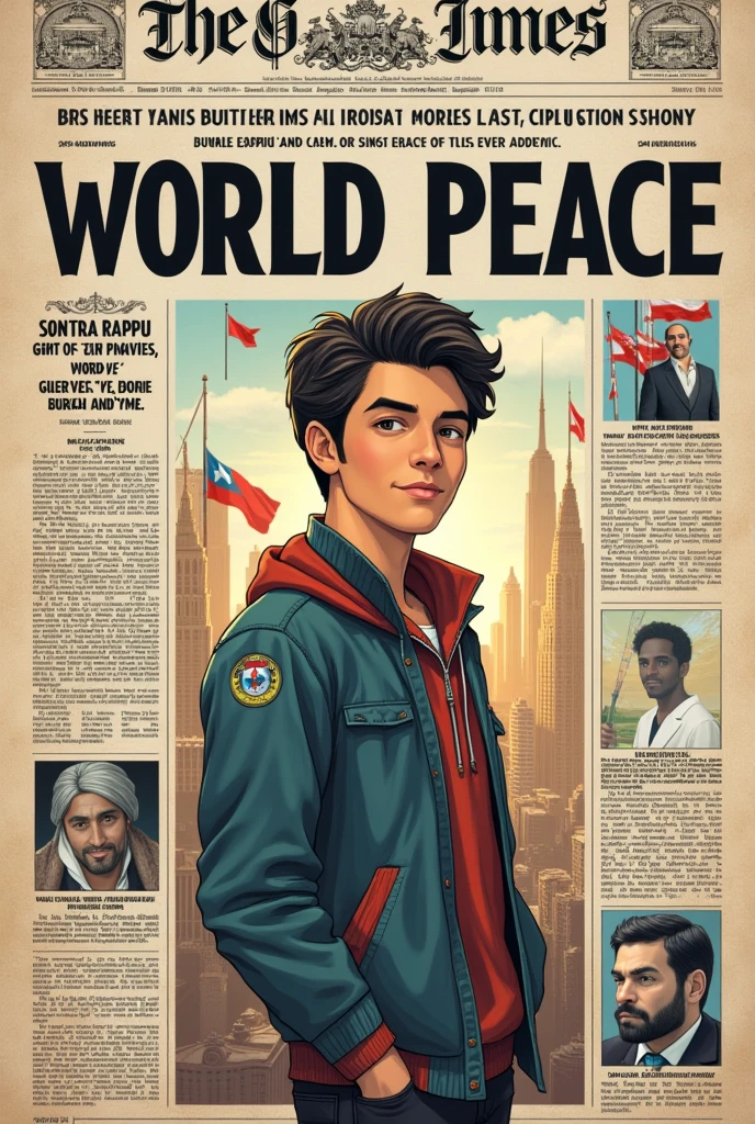 Create a newspaper page with the title Young Diego Rappu achieves world peace in Spanish