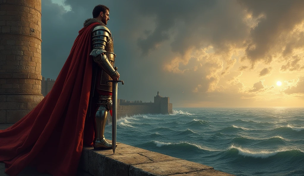 A dramatic painting of Edward III standing resolutely on a stone balcony overlooking a stormy harbor. The scene is bathed in the somber hues of a twilight sky, where dark clouds gather, and the first stars begin to pierce through the darkness. The distant coastline of France is faintly visible across the choppy, silver-blue waters of the English Channel. Edward III's figure is clad in royal armor, with a rich, dark cloak billowing behind him in the sea breeze. His right hand grips the hilt of a sword, held firmly at his side, while his left hand rests on the balcony’s edge, fingers curling with determination. His gaze is intense, fixed on the horizon as if seeing beyond the physical realm into the future he seeks to claim. The atmosphere is thick with tension and ambition, illuminated by the golden glow of a setting sun that casts long shadows, emphasizing the weight of his decisions. The style captures the detailed realism and dramatic lighting reminiscent of Edmund Blair Leighton, im, Surrealism, Hyperrealism, UHD, retina, masterpiece, accurate, anatomically correct, textured skin, super detail, 16k
