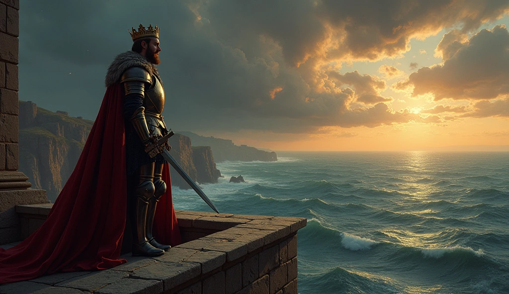 A dramatic painting of Edward III standing resolutely on a stone balcony overlooking a stormy harbor. The scene is bathed in the somber hues of a twilight sky, where dark clouds gather, and the first stars begin to pierce through the darkness. The distant coastline of France is faintly visible across the choppy, silver-blue waters of the English Channel. Edward III's figure is clad in royal armor, with a rich, dark cloak billowing behind him in the sea breeze. His right hand grips the hilt of a sword, held firmly at his side, while his left hand rests on the balcony’s edge, fingers curling with determination. His gaze is intense, fixed on the horizon as if seeing beyond the physical realm into the future he seeks to claim. The atmosphere is thick with tension and ambition, illuminated by the golden glow of a setting sun that casts long shadows, emphasizing the weight of his decisions. The style captures the detailed realism and dramatic lighting reminiscent of Edmund Blair Leighton, im, Surrealism, Hyperrealism, UHD, retina, masterpiece, accurate, anatomically correct, textured skin, super detail, 16k