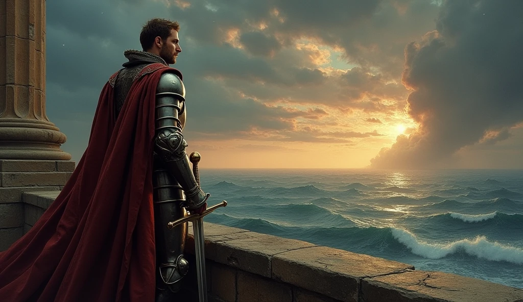 A dramatic painting of Edward III standing resolutely on a stone balcony overlooking a stormy harbor. The scene is bathed in the somber hues of a twilight sky, where dark clouds gather, and the first stars begin to pierce through the darkness. The distant coastline of France is faintly visible across the choppy, silver-blue waters of the English Channel. Edward III's figure is clad in royal armor, with a rich, dark cloak billowing behind him in the sea breeze. His right hand grips the hilt of a sword, held firmly at his side, while his left hand rests on the balcony’s edge, fingers curling with determination. His gaze is intense, fixed on the horizon as if seeing beyond the physical realm into the future he seeks to claim. The atmosphere is thick with tension and ambition, illuminated by the golden glow of a setting sun that casts long shadows, emphasizing the weight of his decisions. The style captures the detailed realism and dramatic lighting reminiscent of Edmund Blair Leighton, im, Surrealism, Hyperrealism, UHD, retina, masterpiece, accurate, anatomically correct, textured skin, super detail, 16k