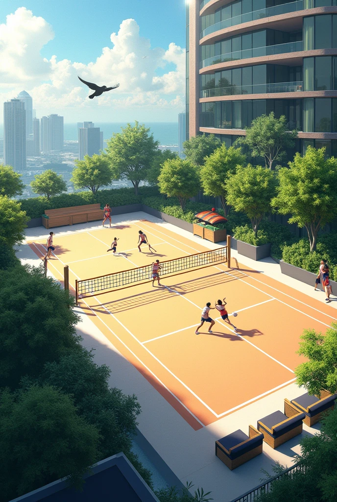 Create a volleyball court on the roof of a luxury building, In the surroundings of the building there are many green areas and many birds.