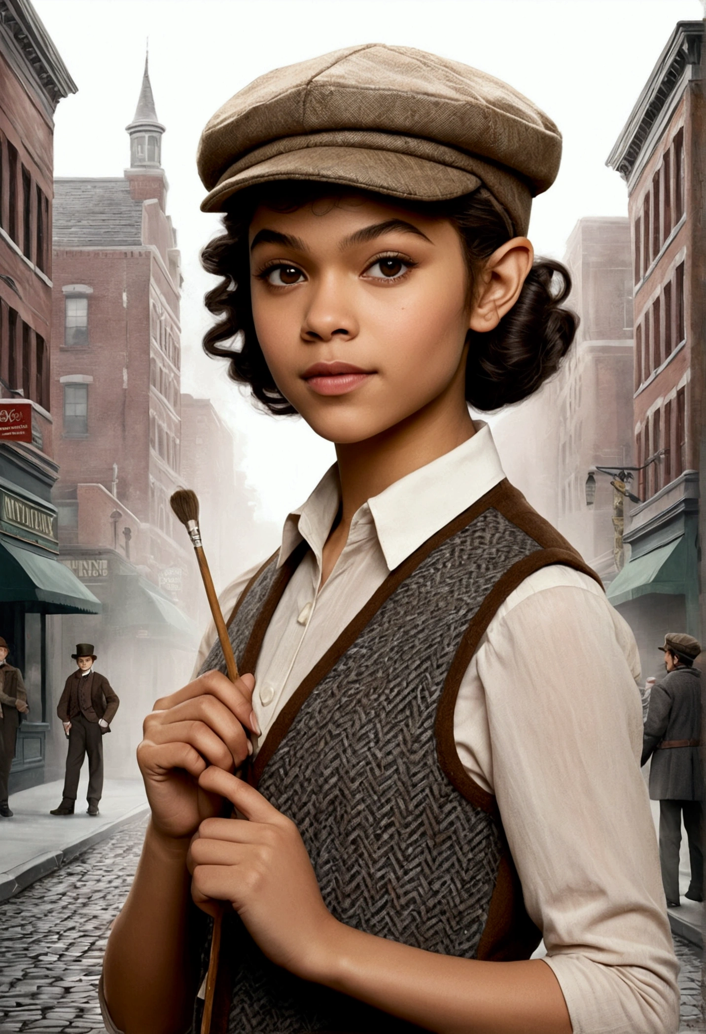 An illustrated movie poster, hand-drawn, full color, a teenage elven girl, wearing a tweed vest and a newsie cap, athletic hourglass figure, long pointy elf ears, dark hair, curly bob cut, warm almond skintone, resembles Zendaya, standing on a foggy victorian-era street corner, graphite shading, stencil marks, airbrushed acrylic paint, masterpiece, in the style of the Sherlock Holmes, elf ears