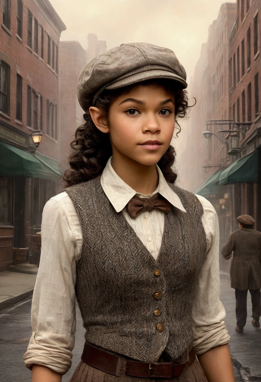 An illustrated movie poster, hand-drawn, full color, a teenage elven girl, wearing a tweed vest and a newsie cap, athletic hourglass figure, long pointy elf ears, dark hair, curly bob cut, warm almond skintone, resembles Zendaya, standing on a foggy victorian-era street corner, graphite shading, stencil marks, airbrushed acrylic paint, masterpiece, in the style of the Sherlock Holmes, elf ears