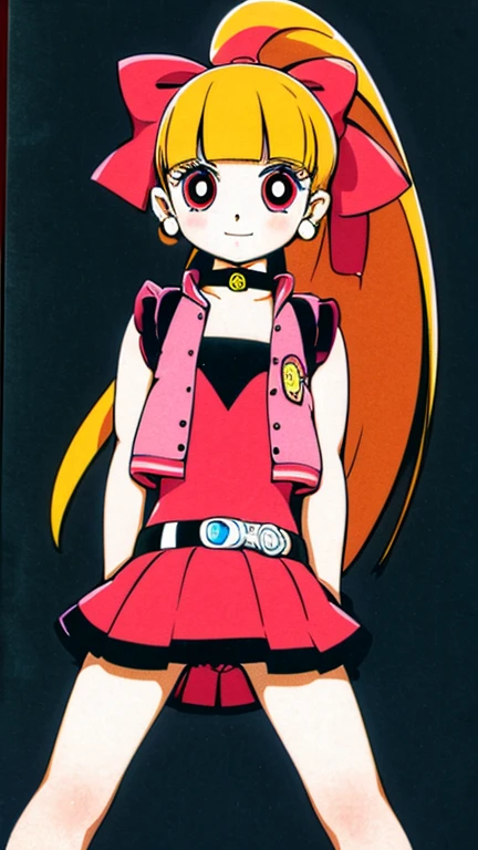 (1girl, solo, highly insanely detailed, masterpiece, top quality, best quality, highres, 4k, 8k, RAW photo),((innocent look)),((Childish)),From the front, symmetrical composition,smile,cute,Innocent,Kind eyes,Flat chest,Hairless vagina, Cameltoe,Osamu Tezuka style,forest, ppgzbs, standing, red eyes, long hair, ponytail, hair bow, blunt bangs, earrings, black choker, pink vest, red skirt, belt, 