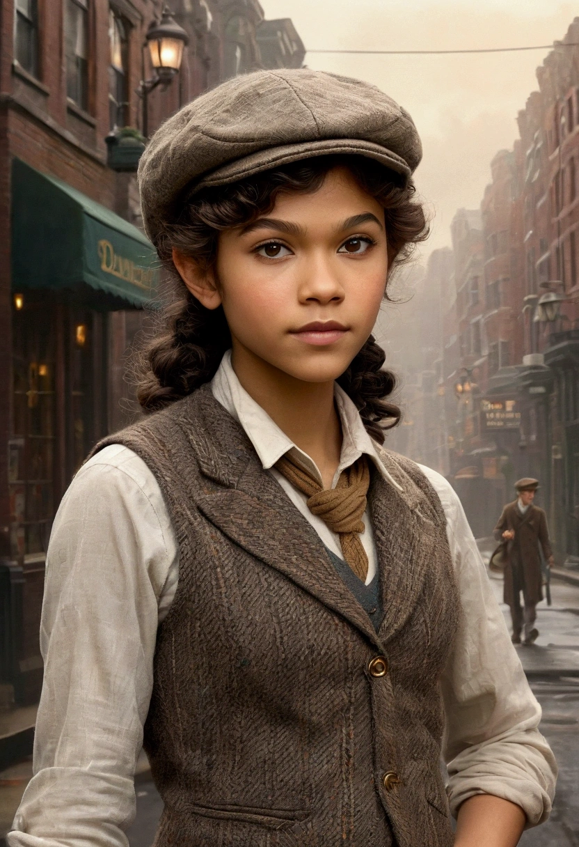 An illustrated movie poster, hand-drawn, full color, a teenage elven girl, wearing a tweed vest and a newsie cap, athletic hourglass figure, long pointy elf ears, dark hair, curly bob cut, warm almond skintone, resembles Zendaya, standing on a foggy victorian-era street corner, graphite shading, stencil marks, airbrushed acrylic paint, masterpiece, in the style of the Sherlock Holmes, elf ears
