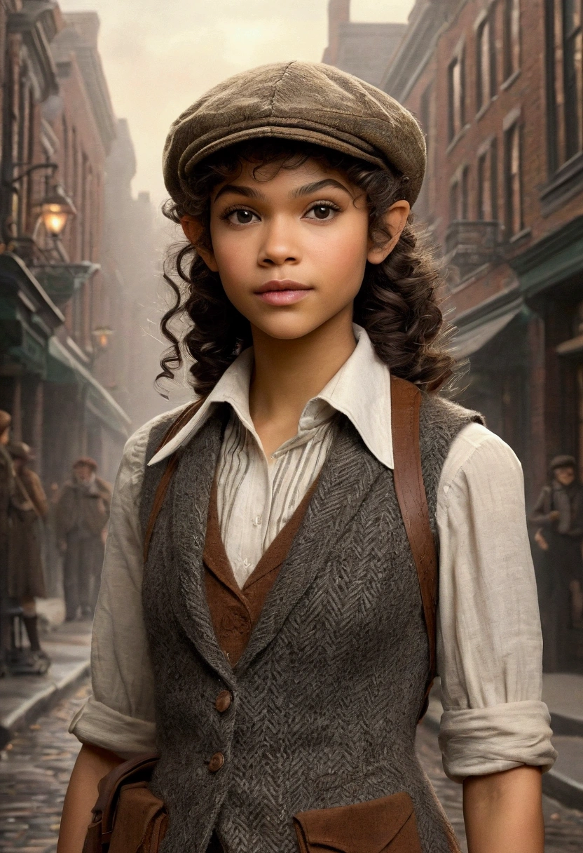 An illustrated movie poster, hand-drawn, full color, a age elven girl, wearing a tweed vest and a newsie cap, athletic hourglass figure, long pointy elf ears, dark hair, curly bob cut, warm almond skintone, resembles Zendaya, standing on a foggy victorian-era street corner, graphite shading, stencil marks, airbrushed acrylic paint, masterpiece, in the style of the Sherlock Holmes, elf ears