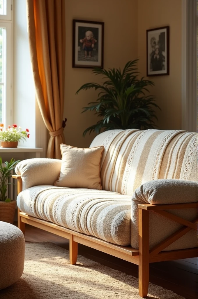 Create a fluffy sofa, with wood and knitting that is soft and reminds one of a grandmother's sofa