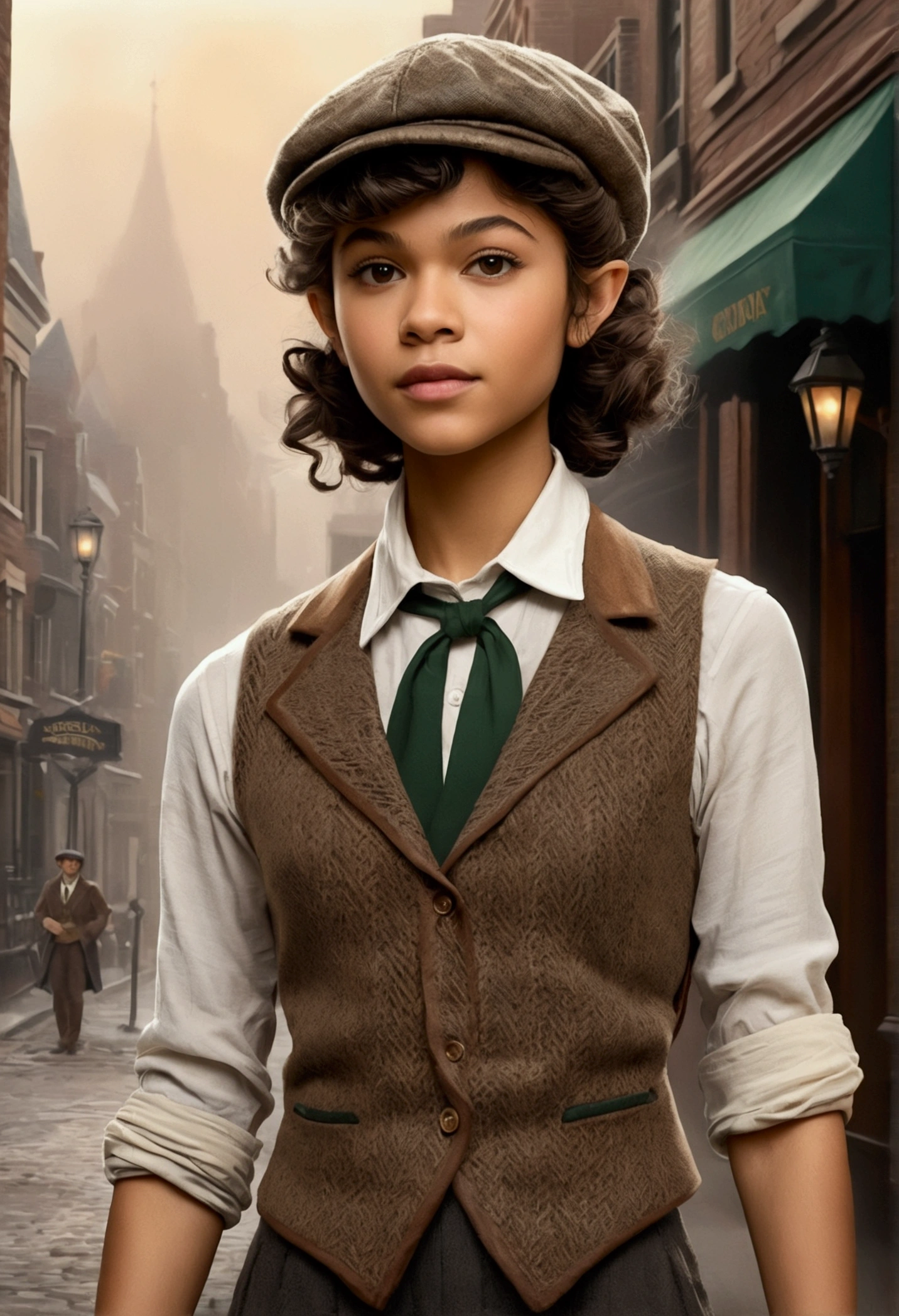 An illustrated movie poster, hand-drawn, full color, a teenage elven girl, wearing a tweed vest and a newsie cap, athletic hourglass figure, long pointy elf ears, dark hair, curly bob cut, warm almond skintone, resembles Zendaya, standing on a foggy victorian-era street corner, graphite shading, stencil marks, airbrushed acrylic paint, masterpiece, in the style of the Sherlock Holmes, elf ears