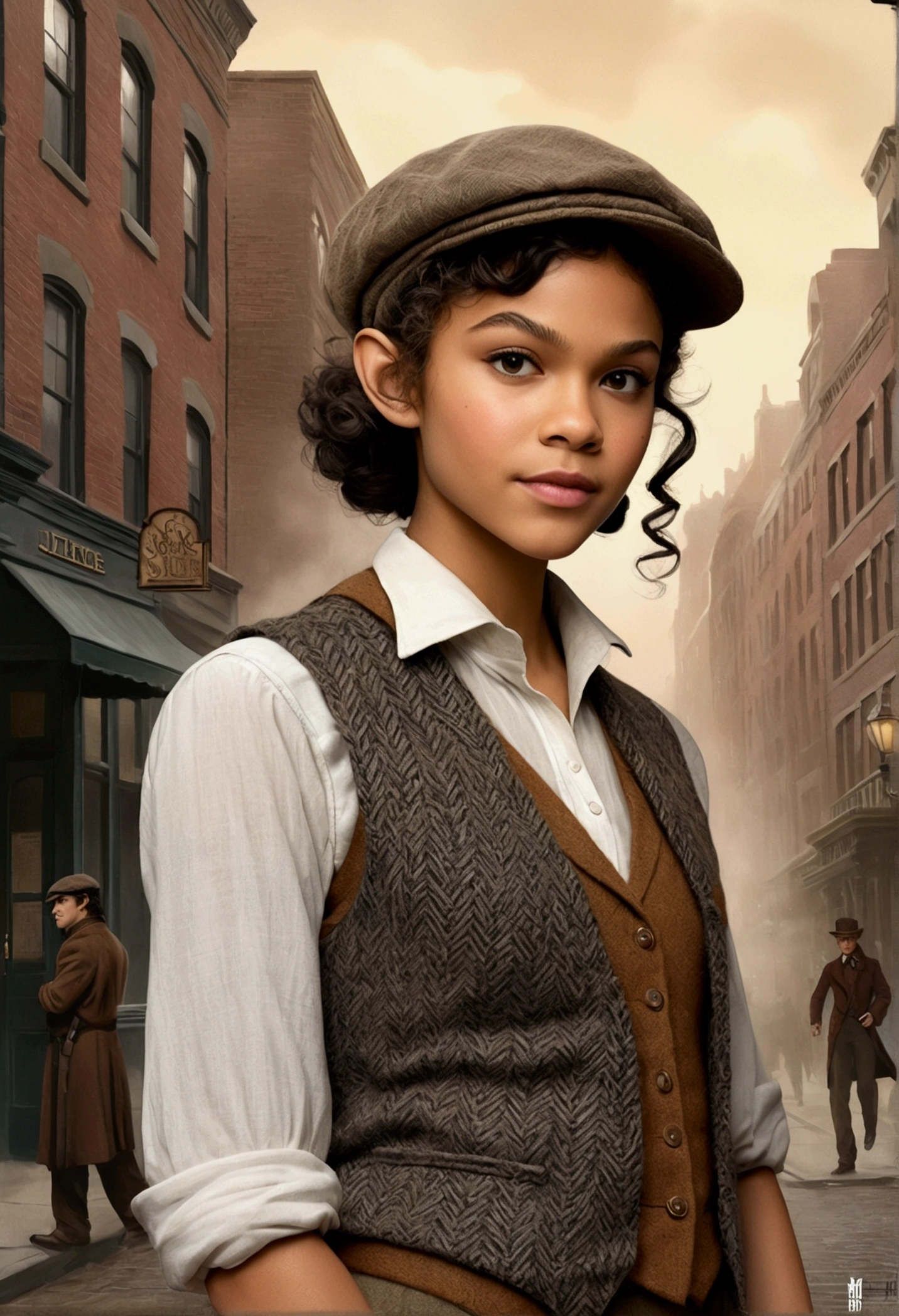 An illustrated movie poster, hand-drawn, full color, a teenage elven girl, wearing a tweed vest and a newsie cap, athletic hourglass figure, long pointy elf ears, dark hair, curly bob cut, warm almond skintone, resembles Zendaya, standing on a foggy victorian-era street corner, graphite shading, stencil marks, airbrushed acrylic paint, masterpiece, in the style of the Sherlock Holmes, elf ears