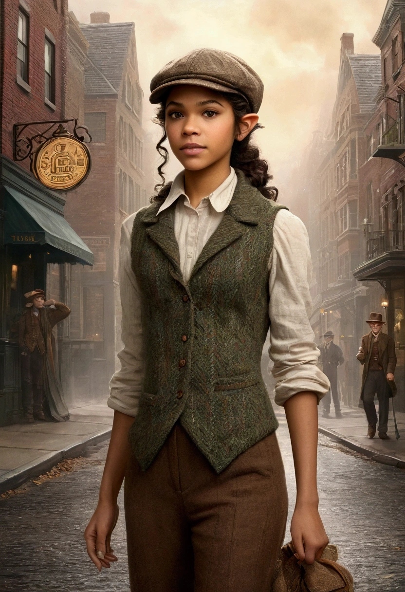 An illustrated movie poster, hand-drawn, full color, a teenage elven girl, wearing a tweed vest and a newsie cap, athletic hourglass figure, long pointy elf ears, dark hair, curly bob cut, warm almond skintone, resembles Zendaya, standing on a foggy victorian-era street corner, graphite shading, stencil marks, airbrushed acrylic paint, masterpiece, in the style of the Sherlock Holmes, elf ears