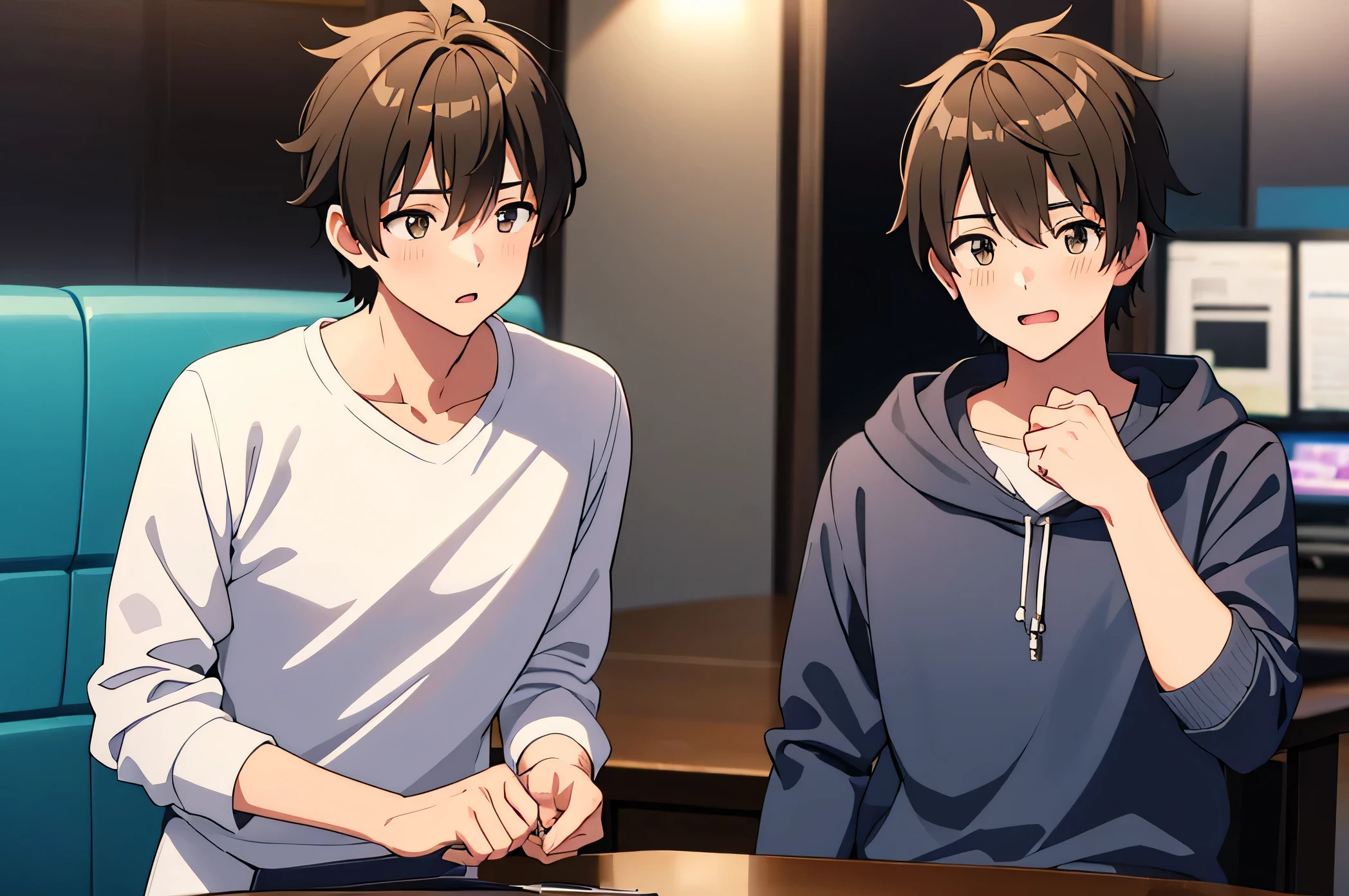 RPG,creation,(cool:1.4),(cool:1.4),(Refreshing athletic man),(Virginity),(man: 1.4), (Handsome man: 1.4), (Main character:1.4), Claiming natural charm, longing,Sense is high,The charm of man, man student style, manVTuber, VR game commentator, People-pleaser, Metaverse Player, Appearance fraudster, vitality,Boys Love, unjust, Both brothers are Boys Love erotic objects,Wild Boys Loveevent,,,,,(Yaoi:1.3),,(Yaoi),,(2:1.4),(2:1.4),,(2:1.4),,(2-player),,,Open up,,Chosen by Eros, (Lucky Boys Love Lewd), Stiff, thin limbs, (biologically correct), (Excellent detailed anatomy), Field of view, (face), (hand), eye, ?, man adjusting rough clothes, official,event,blush,White hoodie,High resolution of Boys Love,,Makoto Shinkai Style,,Boys Loveドラマスタイル,,Smooth CG art,,Highest quality,4K,,,Castration of Possibilities,