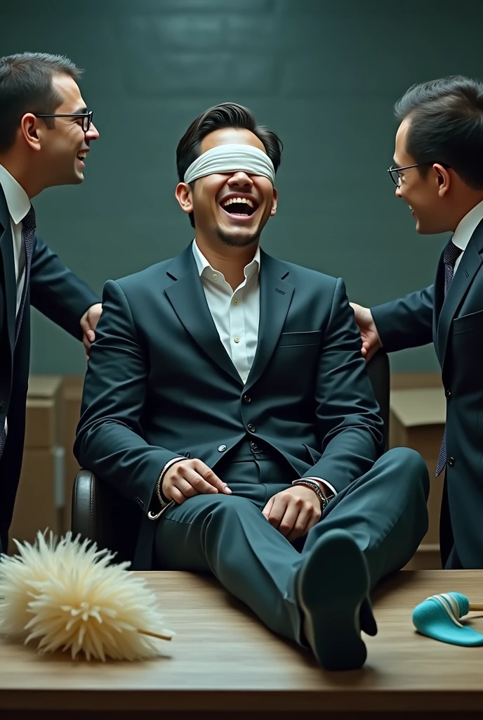 Malaysia malay handsome 25 years student
He laugh very hard
His hand tied up in warehouse
Blindfolded
Hand handcuff
Expensive outfit
Focus feet on desk
feather duster on desk
Take off shoes on desk
Blue stinky sock
2 man holding feather duster