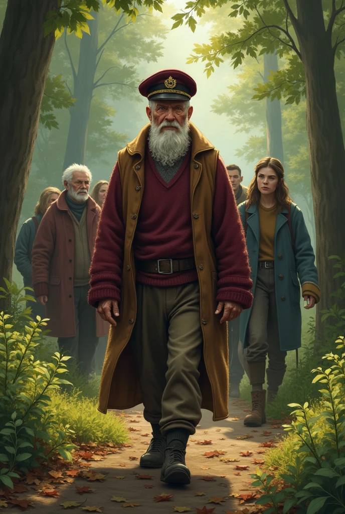 The elderly character with a military cap and a wine-colored wool sweater walking through the forest accompanied by friends and some young people