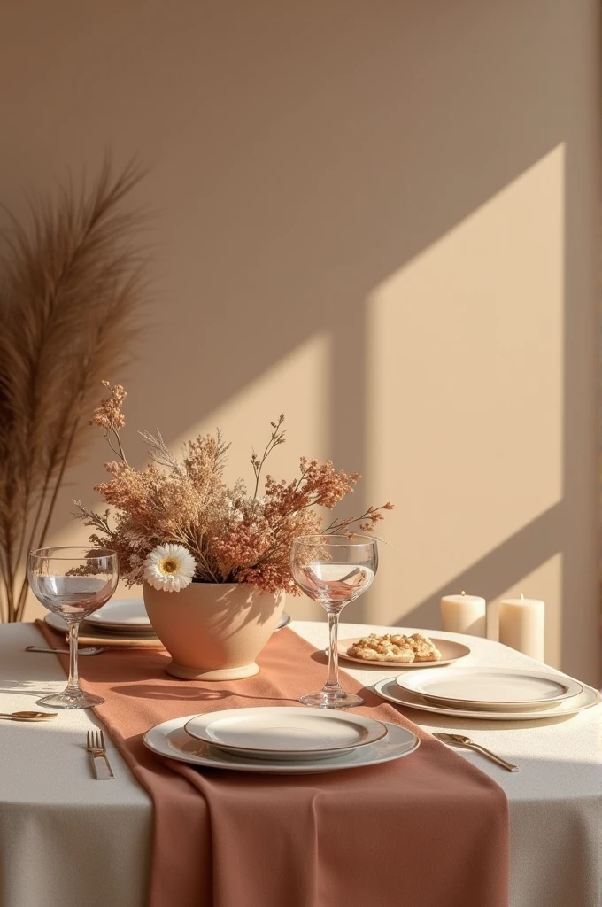 Create an image of an elegantly decorated table. The tablecloth will be in this tone #c09d79. You will have a table runner in this shade #99a58d. And you will have a centerpiece with a combination of these three colors: #8B4513 #F5F5F0 #D3D3D3