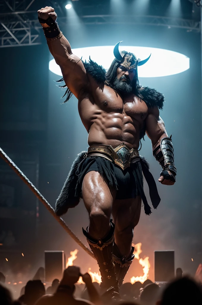 The arena falls silent as the mighty Ares steps forth, his muscular form casting an imposing shadow. His eyes burn with the intensity of a thousand battles as he scans the crowd, daring any challenger to face him. With a thunderous roar, he raises his fists, ready to unleash his fury upon any foolish enough to stand against him.