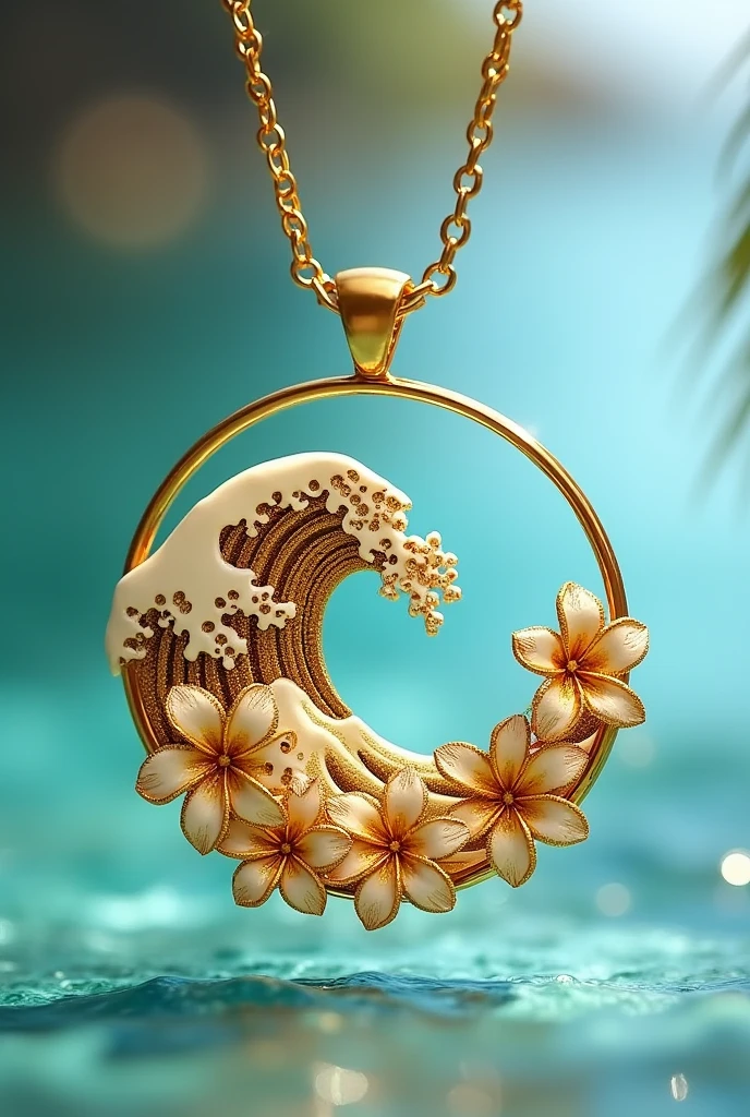 Gold pendant with wave and plumeria engraving