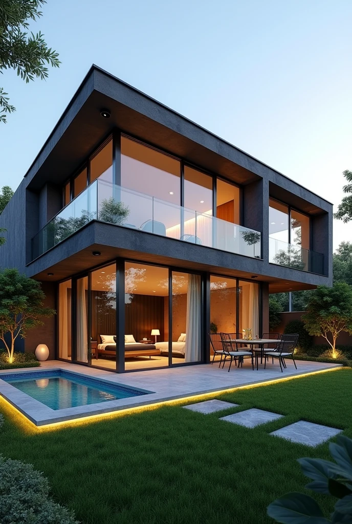 The project of a house on a 420 square meter plot. Two-story house, 4 bedrooms. Grassy backyard with jacuzzi and garden, Gourmet area with barbecue and table to receive friends. Lighting in the garden and green area with hanging plants.