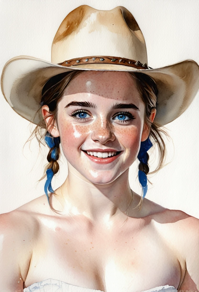 a watercolor painting of a ((pale skin)), defined muscles, six-pack abs, freckled, brunette teenager resembling Emma Watson, with blue eyes, blushing cheeks, pigtails, cowboy hat, naked, smiling, in the style of Norman Rockwell