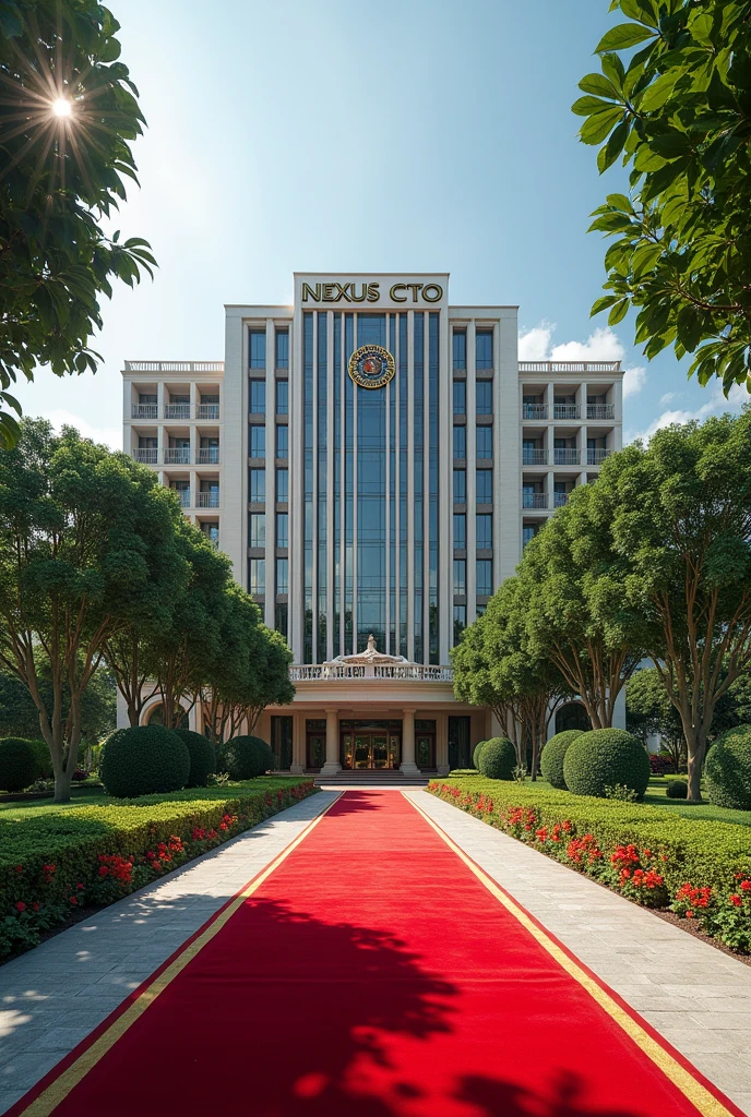 A luxurious, presidential standard company headquarters with the name NEXUS(CTO) on it and red carpet on entrance with Singaporean architecture,grass, flowers and on it's own space and compound where is the name NEXUS (CTO)