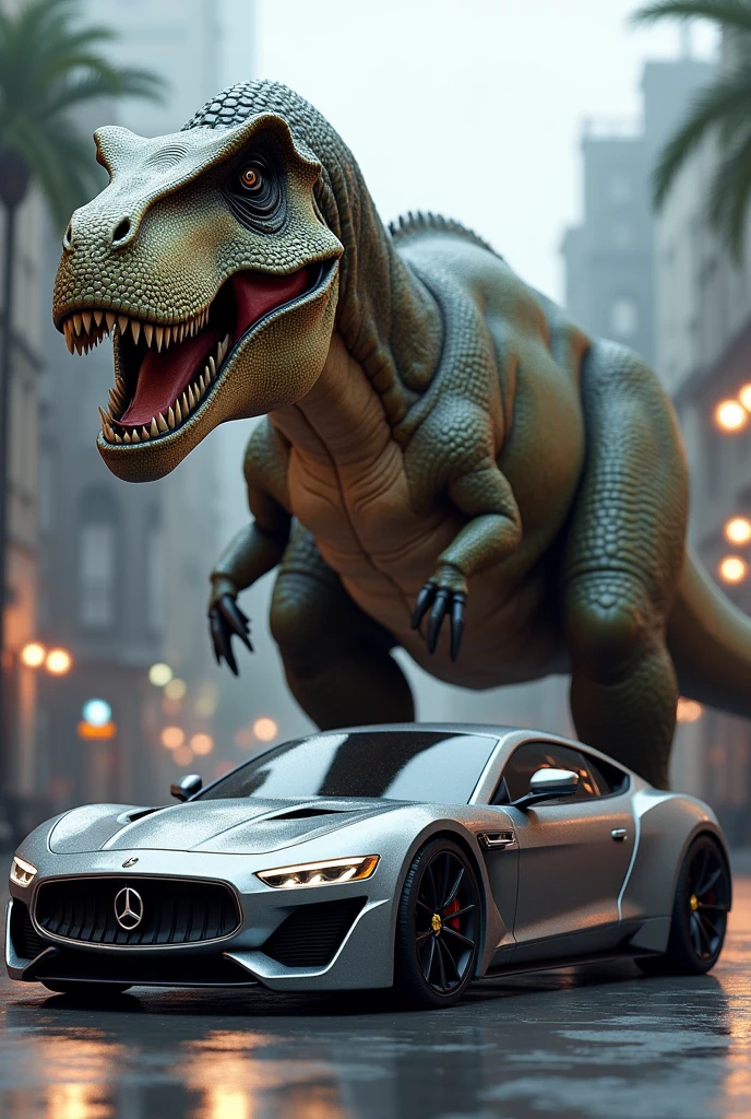 Realistc style show a tyronasur beside a car