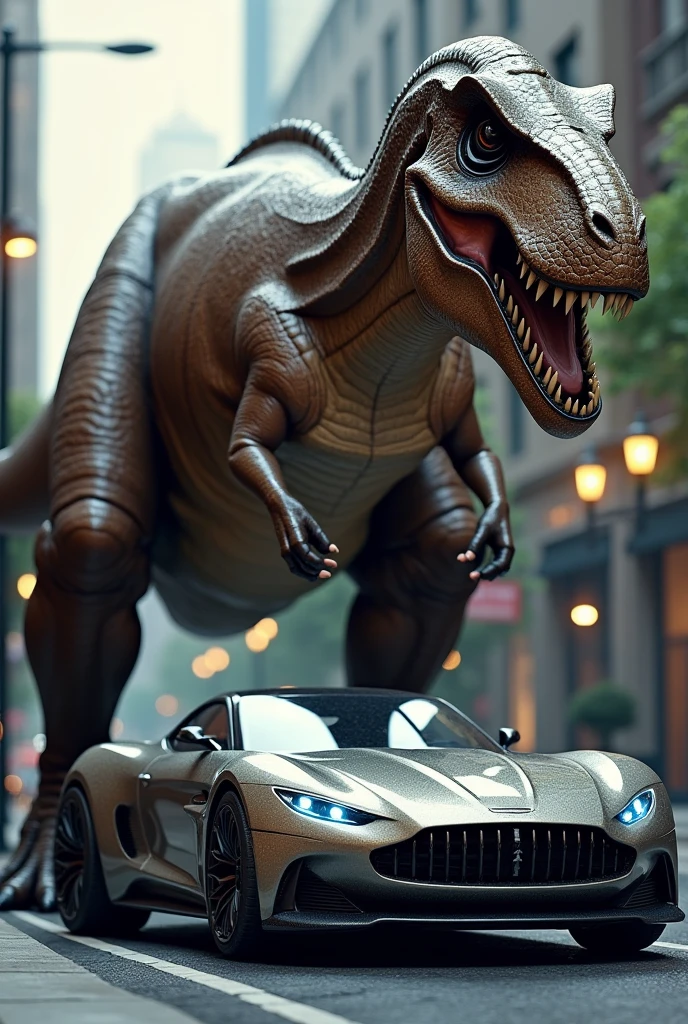Realistc style show a tyronasur beside a car