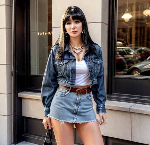 1woman 30year old, solo, long straight black hair, bangs,looking at viewer, detailed eyes, shy smile,jewelry, medium breasts, earrings,belt, blue denim jacket over tight red t-shirt,mini skirt,sheer white pantyhose,necklace, bracelet, lips,((dynamic angle)),