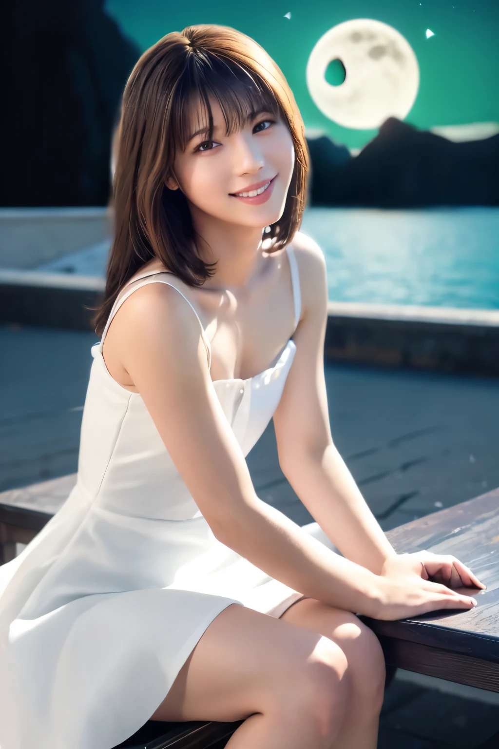 ((table top:1.4, highest quality)), (realistic pictures:1.4), 
((1 girl)), (Pure actress), (dream-like),
(High resolution:1.2), very delicate and beautiful, wonderful, Highly detailed CG Unity 8K wallpaper, Super detailed, High resolution, 
soft light, beautiful detailed girl, highly detailed eyes and face, beautifully detailed nose, beautiful and detailed eyes, 
(wear a light white dress:1.3), 
cinematic lighting, perfect anatomy, slender body, (parted bangs),
(sitting on a big crescent moon:1.3), (night view),
cowboy shot, looking at the viewer, smile
