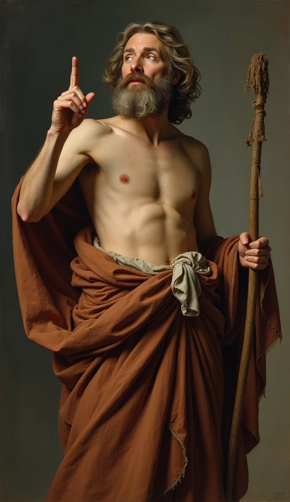 Catholic baroque image of St. John the Baptist, he is a 40-year-old man, skinny man. He has one of his fingers pointing to the sky. He is dressed in a camel skin tunic with his body a little showing, he is holding a staff, his hair is unkempt, he has a big beard. He has a wild appearance but has a serious and quiet look