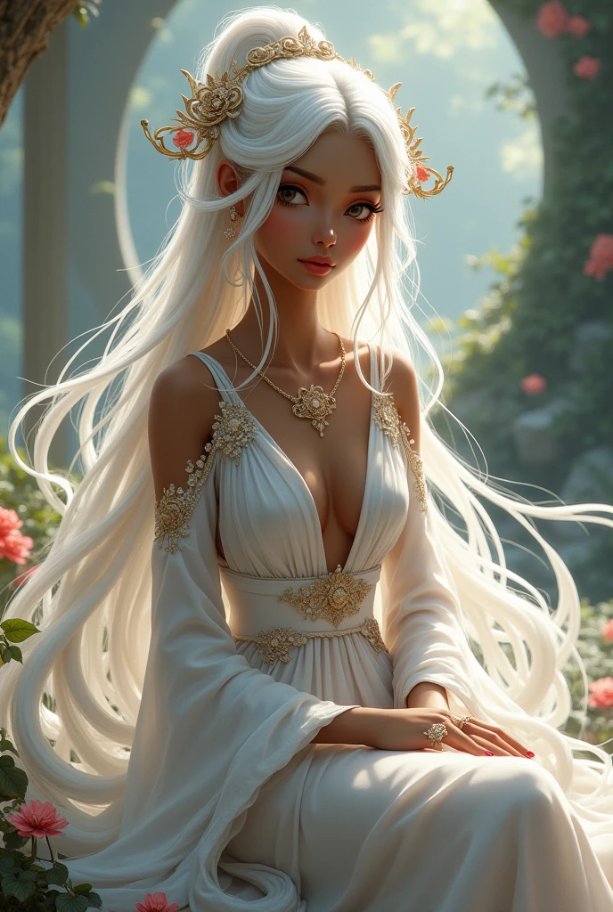 Black woman. Fairy. Brown skin. Long flowing white hair. White Chinese style robes.sitting. Chinese animation style. Ultra high quality.