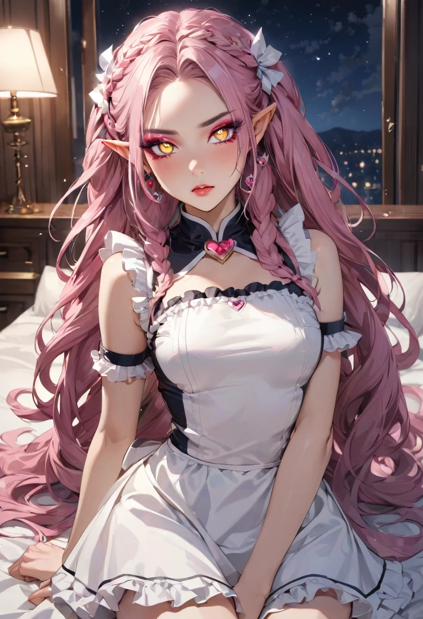 (love style), (pov), (solo:2, 1000 yo), (beautiful Dreadlocks:1.2) (glossy beautiful pink hair long hair) (dark:1.2 Sunburn:1.5 skin) (beautiful cool beauty elf woman), (glossy lip, serious face), (((makeup detailed Heart-shaped pupils))) (best cool yellow eyes), (small:1.2 tits), beautiful detailed maid uniform, detailed bunny ear, break, in the night, in the Gorgeous Bedroom, background beautiful night sky, BREAK, perfect anatomy, masterpiece, best quality, 16k, beautiful detailed Dim, daydreaming expression.