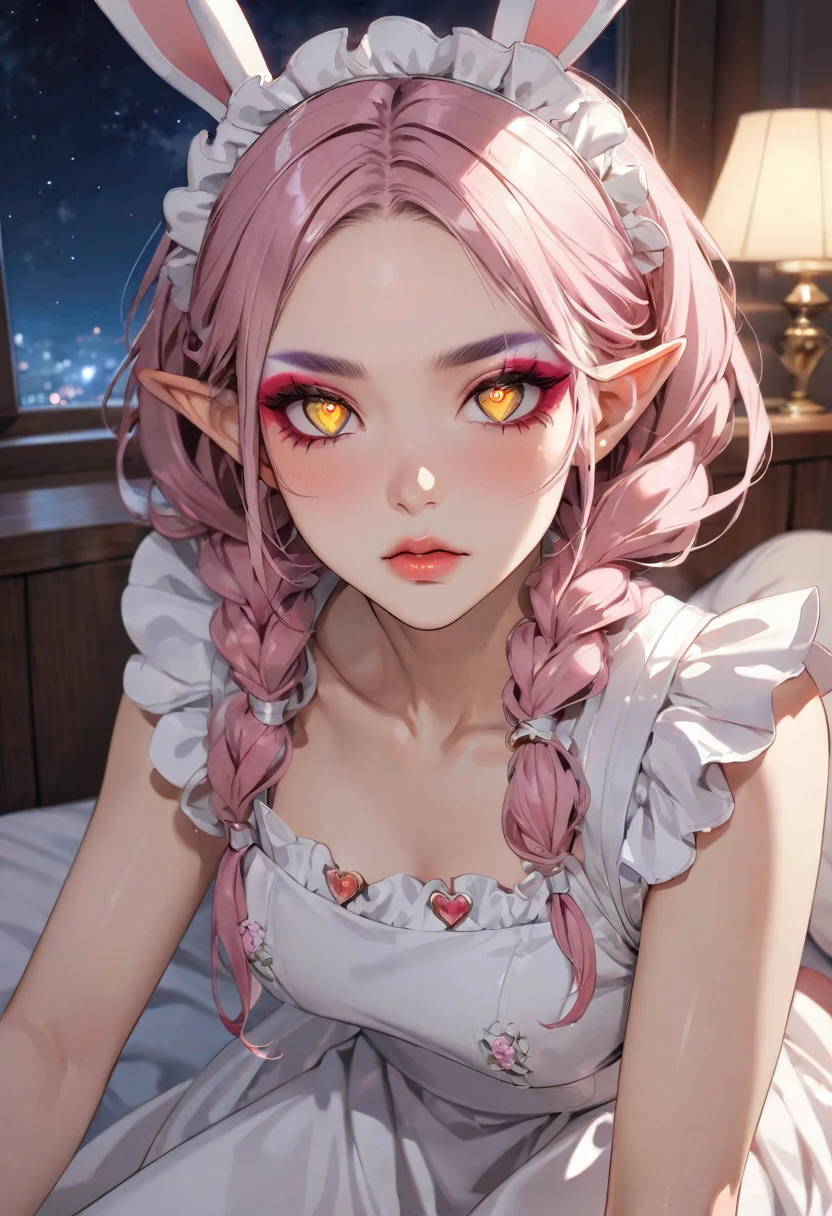(love style), (pov), (solo:2, 1000 yo), (beautiful Dreadlocks:1.2) (glossy beautiful pink hair long hair) (dark:1.2 Sunburn:1.5 skin) (beautiful cool beauty elf woman), (glossy lip, serious face), (((makeup detailed Heart-shaped pupils))) (best cool yellow eyes), (small:1.2 tits), beautiful detailed maid uniform, detailed bunny ear, break, in the night, in the Gorgeous Bedroom, background beautiful night sky, BREAK, perfect anatomy, masterpiece, best quality, 16k, beautiful detailed Dim, daydreaming expression.