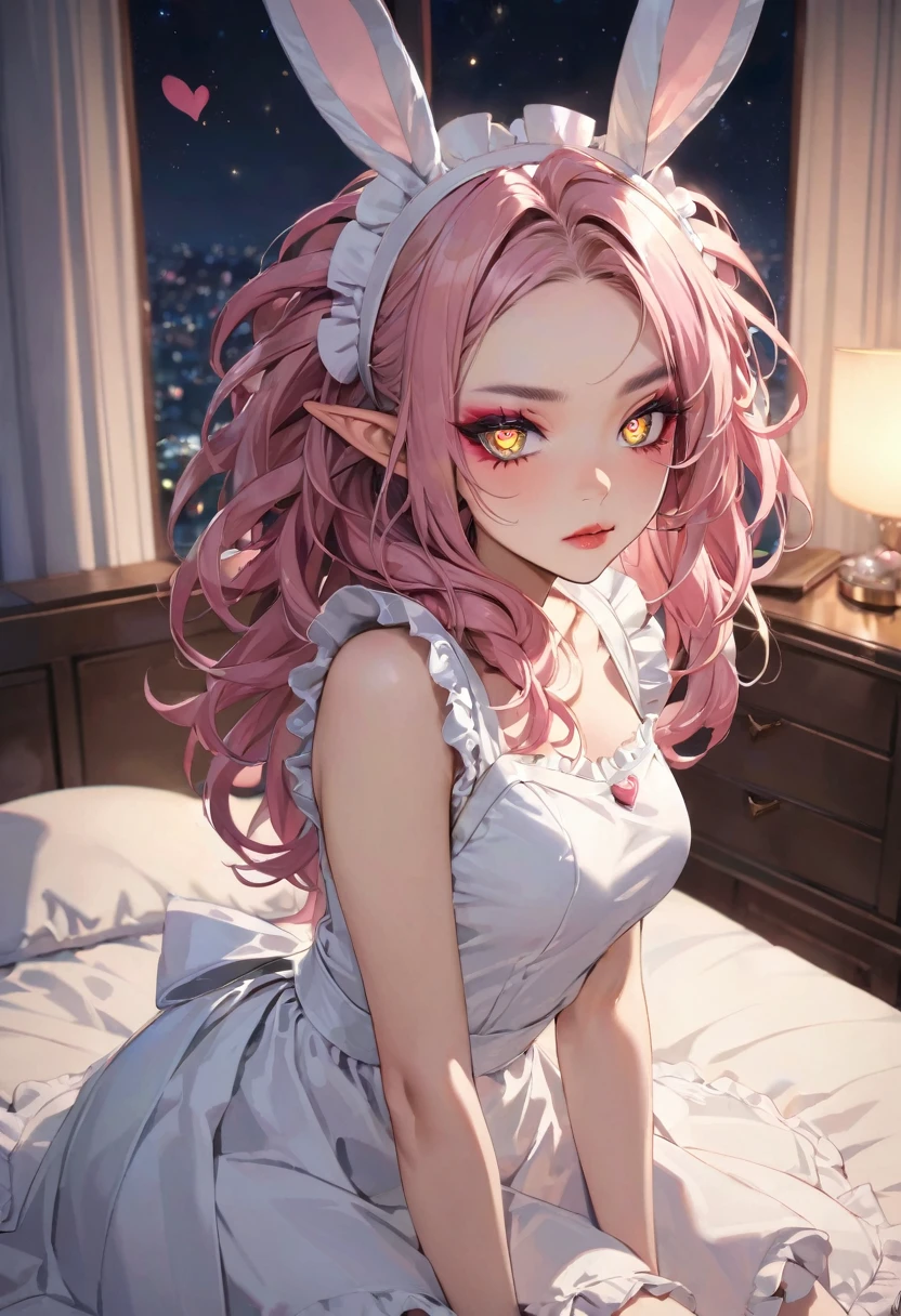(love style), (pov), (solo:2, 1000 yo), (beautiful Dreadlocks:1.2) (glossy beautiful pink hair long hair) (dark:1.2 Sunburn:1.5 skin) (beautiful cool beauty elf woman), (glossy lip, serious face), (((makeup detailed Heart-shaped pupils))) (best cool yellow eyes), (small:1.2 tits), beautiful detailed maid uniform, detailed bunny ear, break, in the night, in the Gorgeous Bedroom, background beautiful night sky, BREAK, perfect anatomy, masterpiece, best quality, 16k, beautiful detailed Dim, daydreaming expression.