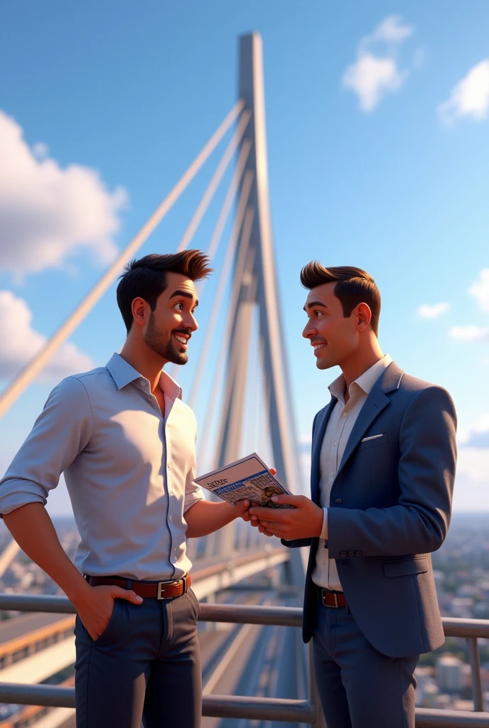 the candidates for mayor of Sao Paulo ,Pablo Marçal showing his work card to candidate Boulos, where both are on top of the Octavio Frias de Oliveira Cable-Stayed Bridge, in the style of disney pixar movies