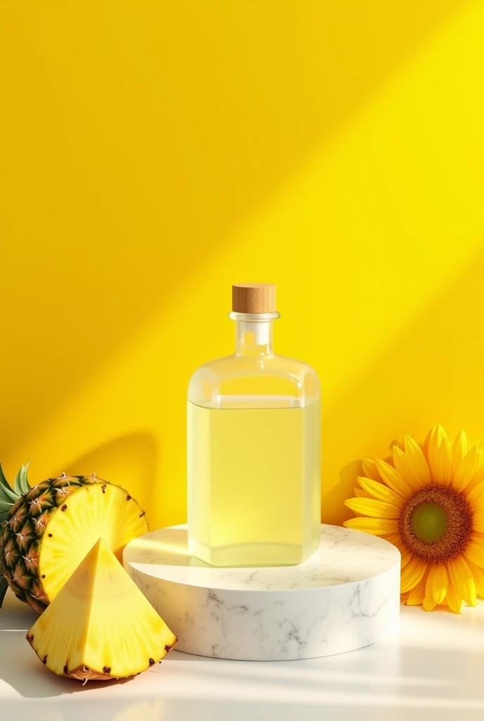 Yellow background with a white quartz table with a square glass bottle and a light yellow liquid, with pineapple pieces around it, the weak one would be positioned to the side with some sunflowers