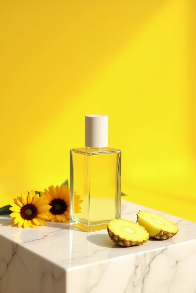 Yellow background with a white quartz table with a square glass bottle and a light yellow liquid, with pineapple pieces around it, the weak one would be positioned to the side with some sunflowers 