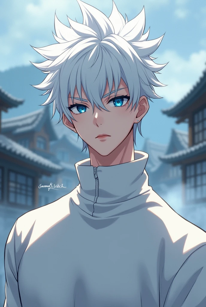 anime character, White hair, spiky hair, Pale skin, blue eyes, Long white eyelashes, male, muscular, big glossy lips, village cloudy,  grey eyebrows, white sweater, 