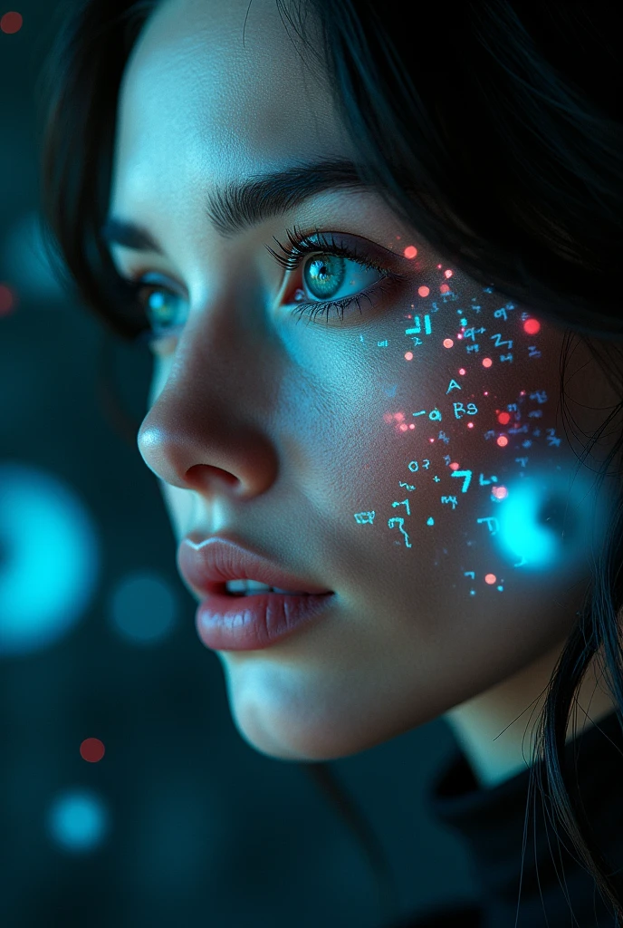Close-up of woman&#39;s face, bright green holographic equations projected onto the skin. intense look, realistic features. dark background, cyberpunk aesthetic. Luminous mathematical formulas, handwritten style. Futuristic, high-tech atmosphere. photorealistic rendering, dramatic lighting, sharp contrast