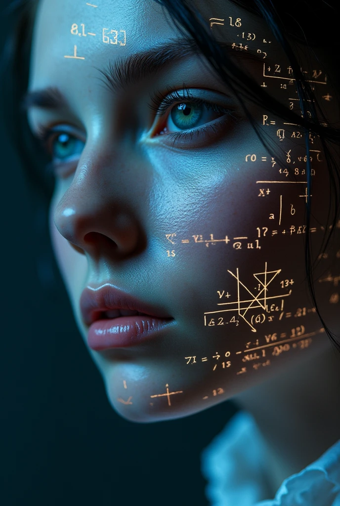 Close-up of woman&#39;s face, bright green holographic equations projected onto the skin. intense look, realistic features. dark background, cyberpunk aesthetic. Luminous mathematical formulas, handwritten style. Futuristic, high-tech atmosphere. photorealistic rendering, dramatic lighting, sharp contrast