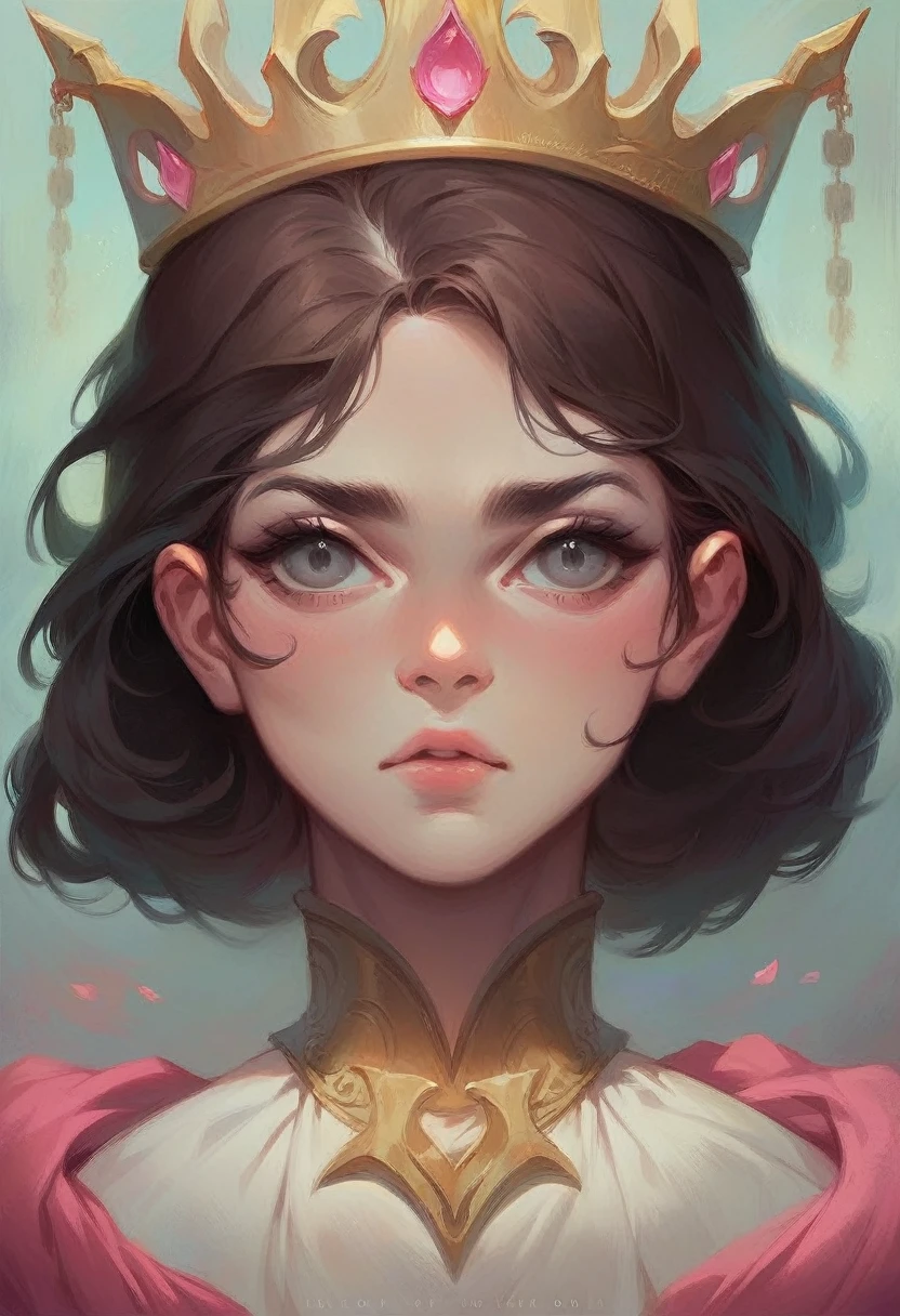 The girl is a 1 with a toned, sporty build and neutral skin. She has short, brown hair. Her grey eyes are soft. She has an oval face, a small upturned nose, full naturally pink lips, a well-defined jawline, and a slightly pointed chin. She is dressed as a princess with a pink dress and golden crown.