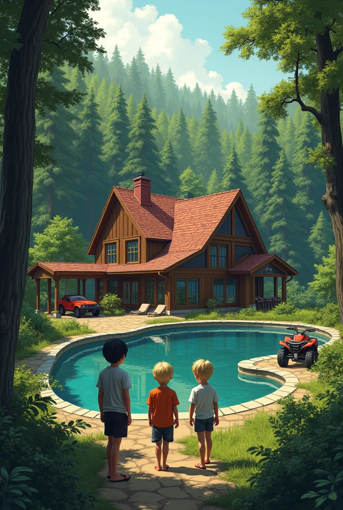 Make a couple's house ( gabriel and giovana ) who dream of having 3 children and living in a big house with a forest just for them, a house inside a forest just for them and that has a lake instead of a pool but in the shape of a pool and with quad bikes and big cars in the garage ( Of the 3 children, the middle one is about and is white with black hair., the oldest boy is , blond, white, blue eyes and the youngest boy is , blond, white, blue eyes also with curly hair ) make the children