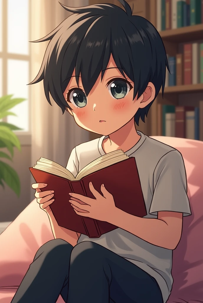 To a black-haired boy in anime style, with a book in hand 