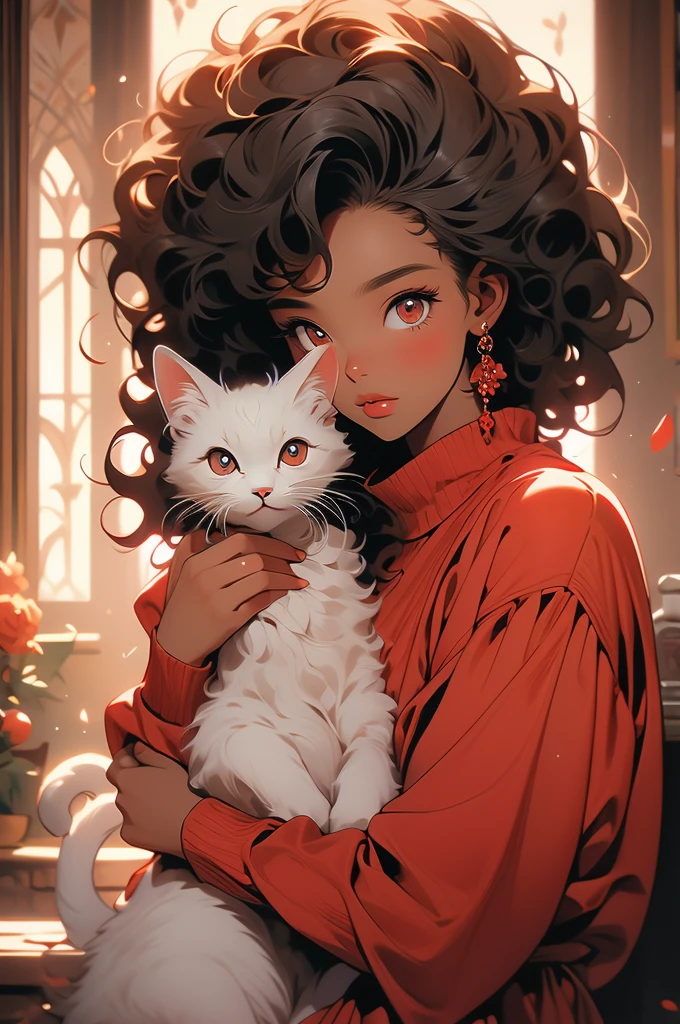 A young black-skinned woman with curly hair with eyes in a red outfit holding a cat in her arms