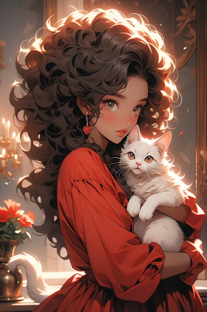 A young black-skinned woman with curly hair with eyes in a red outfit holding a cat in her arms