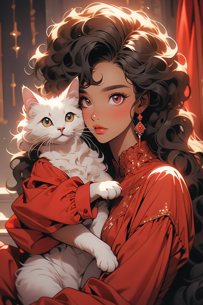 A young black-skinned woman with curly hair with eyes in a red outfit holding a cat in her arms