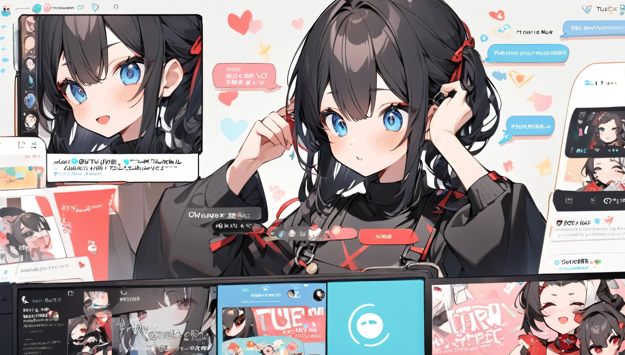 A Vtuber livestream scene featuring a Japanese Vtuber with long black hair and blue eyes, wearing a black outfit with some red accents and multiple accessories. The Vtuber has a serious yet slightly playful expression and is adjusting her hair with both hands. The screen shows the Vtuber on the right side, with a lively chat box on the left side, where messages in English and Japanese are visible. The top left corner has the Vtuber’s Twitter handle and hashtag, while the top right displays the current time as 21:53. The overall style is modern and clean, capturing the essence of a real-time Vtuber interaction with a large audience.