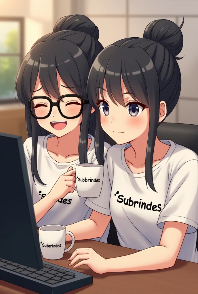 two friends working on the computer, one friend wearing glasses with black frames, fair skin, long black hair tied up, wearing a white t-shirt with the name subbrindes, the other friend with black hair and a bun in her hair wearing a t-shirt with the name subbrindes. both are smiling and holding a mug in their hands, each with the name subbrindes.